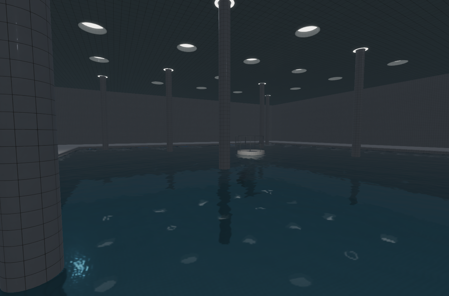 A tall tiled pool with reflected lights and columns, built in the platform's 3D editor.